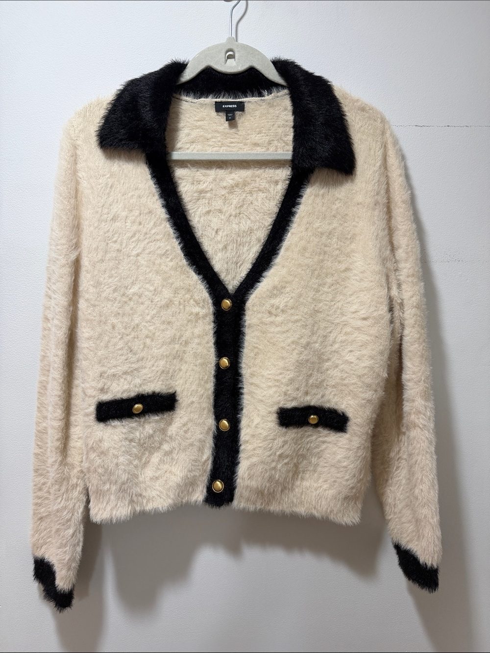 Express Womens Tipped Faux Fur Novelty Button Cardigan XL Cozy Sweater MobWife